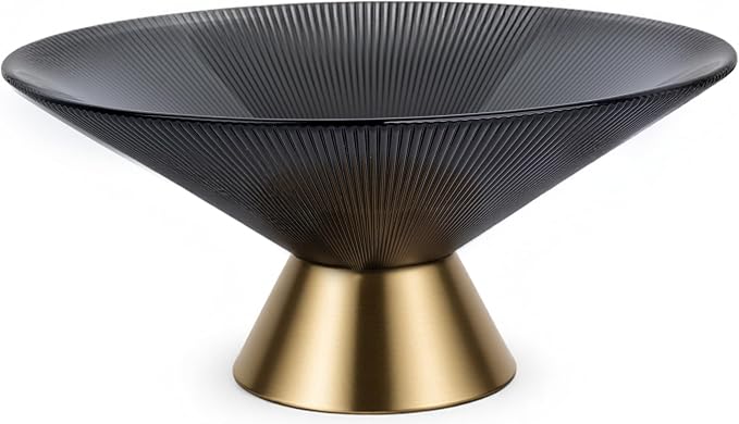 Tapered Glass Decorative Bowl (Gray), 9.8 Inches Handblown Striped Design Glass Bowl with Rust Resistant Metal Base,Decorative Fruit Bowl for Home Decor,Table Centerpiece,Kitchen Island,Dining Decor