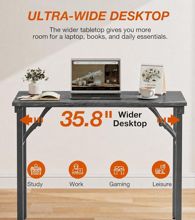 XBurmo Folding Desk Foldable Table, No Assembly 35.8" Foldable Desk Space-Saving Workstation for Small Space, Computer Table, Flat Storage for Home Office, Bedroom, Dorm, Study Room, Marble Greige