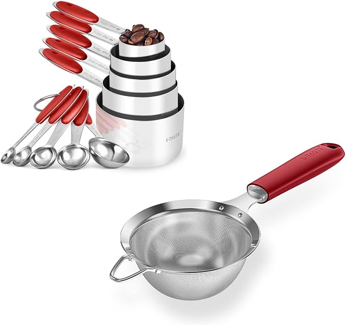 U-Taste 10 Piece Measuring Cups and Spoons Set in 18/8 Stainless Steel, and 18/8 Stainless Steel 3.9 inch 30 Mesh Strainer (Red)
