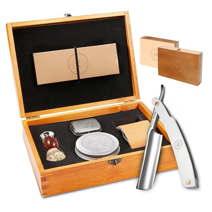 Naked Armor Merlin Straight Razor Kit, Japanese Stainless Steel Shaving Set | 7-Pc Shave Ready Wet Shaving Kit, 7/8" Barber Straight Edge Razor Set, Strop, Paste, Brush, Soap, Sheath, Box, Gifts for Men