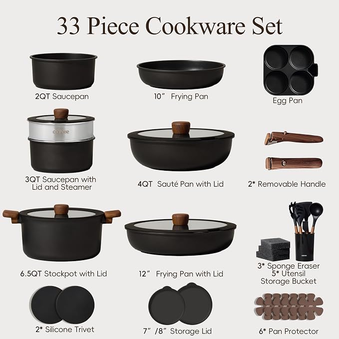 CAROTE 33pcs Pots and Pans Non Stick, Cookware Sets Detachable Handle, Induction Kitchen Pots and Pans,NonStick Cooking Set, Oven/Dishwasher/Fridge Safe, Space Saving, Mothers Day Gifts