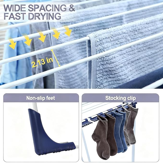 APEXCHASER Clothes Drying Rack Foldable - Drying Rack Clothing Large Space, Winged Laundry Rack with Sock Clips for Hanging Towels Clothes Dress Bedding Indoor Outdoor, White