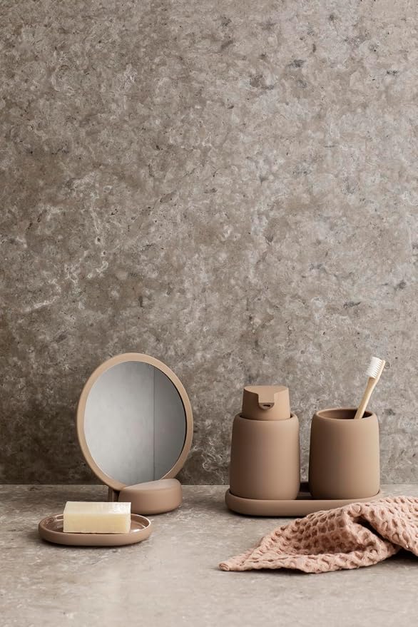 blomus Sono Soap Dispenser 250 ml Ceramic Hand Soap Dispenser in Brown Diameter 8 x 14 H cm Colour Tan Liquid Soap Dispenser with Pump Head