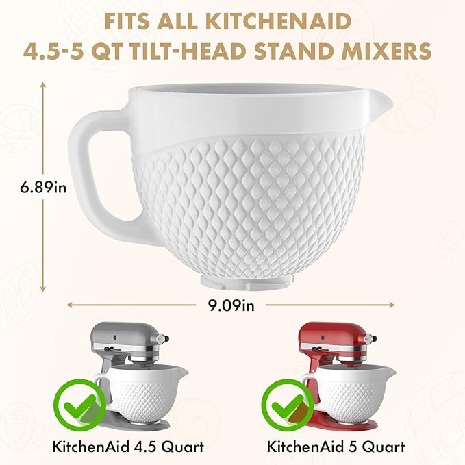 HOZODO Ceramic Mixer Bowl for KitchenAid Tilt-Head Stand Mixers, 5-Qt | Fits All 4.5-5-Qt Mixers, Mixing Bowl with Handle, Kitchen Aid Accessories and Attachments