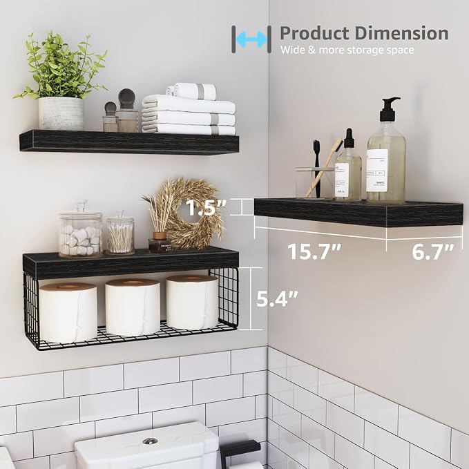 QEEIG Bathroom Shelves Over Toilet - Wall Mounted Floating Shelves Toilet Paper Storage Small Farmhouse Decor Shelf 16 inch Set of 3, Black (019-B3)