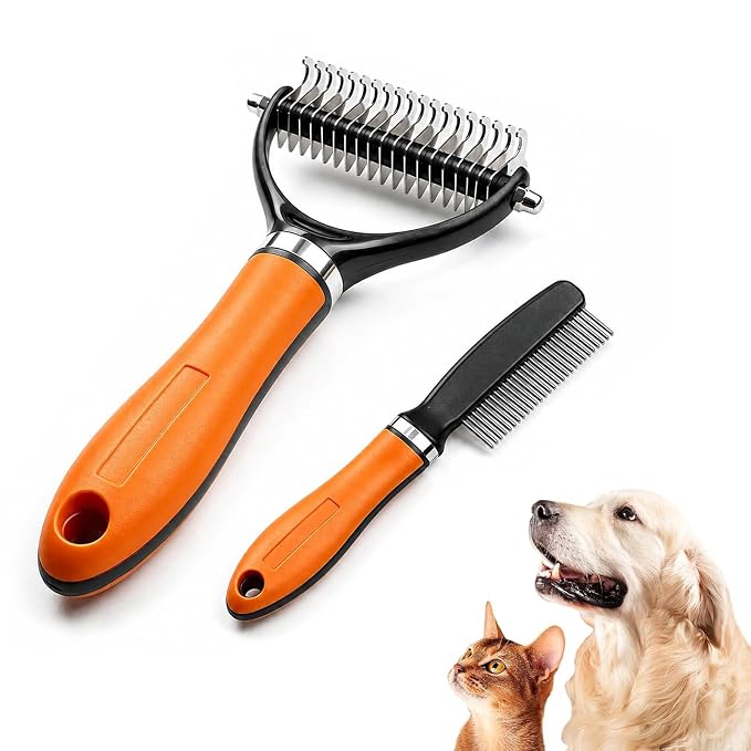 2026 Upgraded Double-Sided Pet Grooming Tool, Dog Deshedding Comb for Dogs Cats, Pet Grooming Brush for Long Thick Curly Hair, Home Deshedding Tool for Mats Tangles Knots and Loose Fur (Orange)