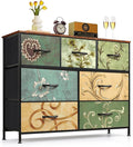 7-Drawer Dresser for Bedroom, Anti-Tip Wide Storage Organizer Fabric Chest of Drawers TV Stand for 45" TV with Wooden Top and Metal Frame for Closet, Living Room, Hallway, Entryway, Floral Painted