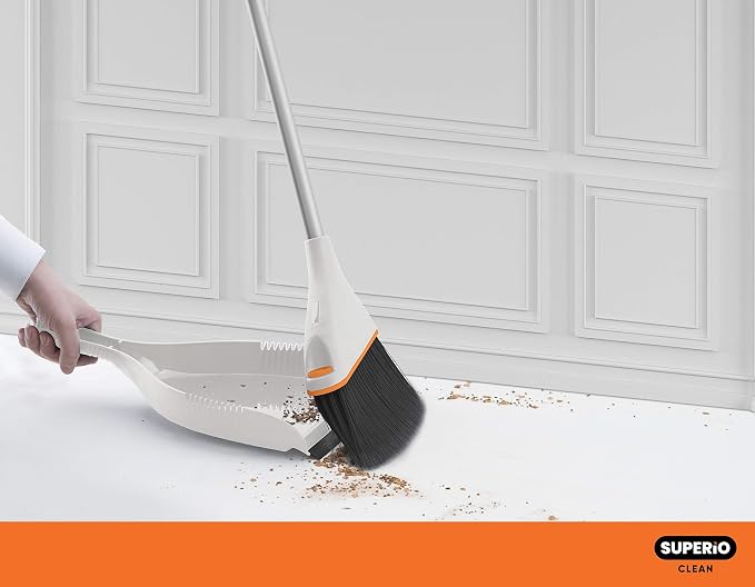 Superio Angle Broom with Clip-On Dustpan Set Angle Shape to Reach Narrow Spaces. (Soft Gray)