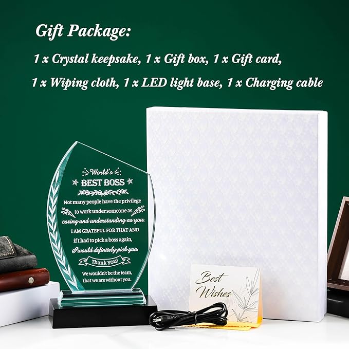 Movdyka Boss Gifts for Women Men Bosses Appreciation Gifts for Woman, Crystal Plaque with Colorful Light Base, Boss's Day Gifts Farewell Retirement Goodbye Birthday Office Decor