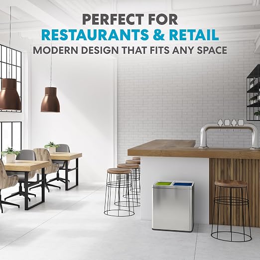 Simpli-Magic 70 Liter / 18.5 Gallon Rectangular Open Top Dual Compartment Recycling Trash Can, Stainless Steel (40L x 30L Capacity) Ideal for Restaurants, Coffee Shops, Gym and Households, 79655