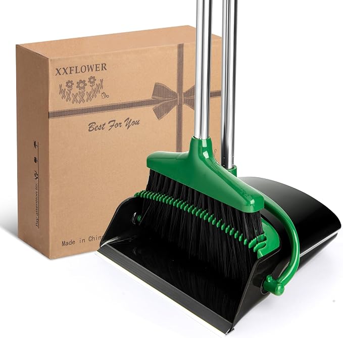 Broom and Dustpan Set with Long Handle, Light Weight Stainless Steel Poles Stand Upright Dustpans with Broom Combo for Home Kitchen Office Pet Dog Hair, 1-Pack(Black Green)