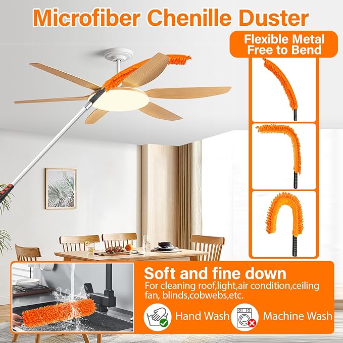 18FT High Reach Duster Cleaning Kit with 3-12 FT Extension Pole | High Ceiling Dusting and Window Cleaning Kit with Microfiber Feather Duster,Cobweb Duster,Ceiling Fan Duster,Window Squeegee