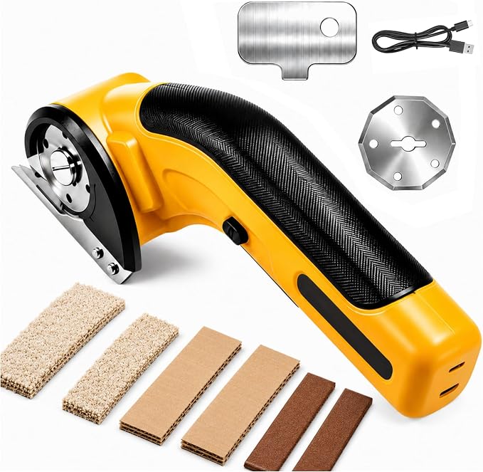 Cordless Electric Scissors,Rechargeable Cardboard Cutter, 4V Upgrade Electric Box Cutter with Safety Lock & LED Light, Powerful Cutting for Cardboard Box, Plastic, Leather（Yellow）