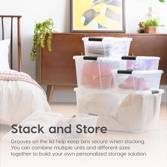 IRIS USA 4-Pack 13 Quart Storage Bins with Lids, Pearl | Conceals contents for a clean look. Ideal for shoes, photos, documents, and small essentials. Nestable design saves space