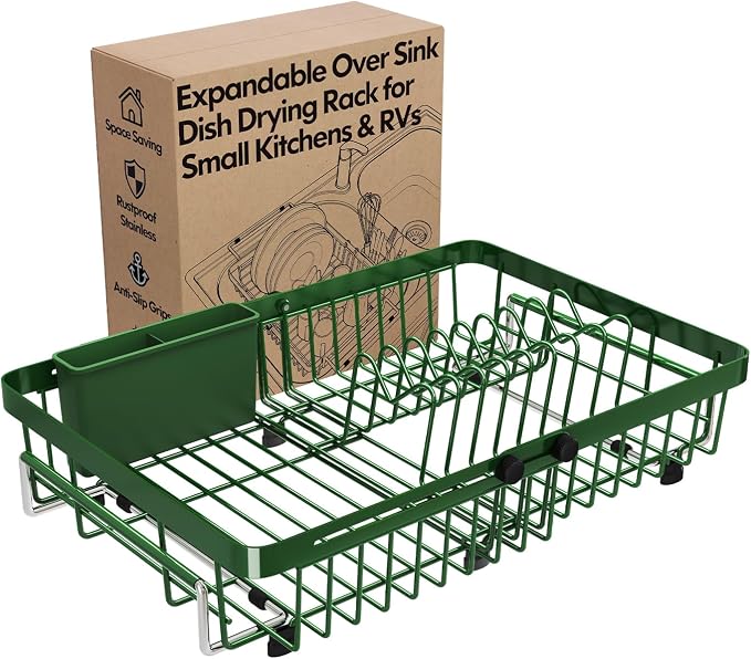 Green Dish Drying Rack Over The Sink with Utensil Holder | Expandable Stainless Steel Dish Drainer for Small Kitchen, Apartment, RV, Counter Space Saving, Perfect Fit, Rustproof