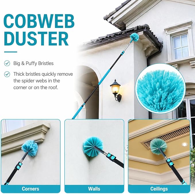High Ceiling Duster Kit with 4-12FT Heavy Duty Extension Pole, Reaches Up to 20FT, Includes Microfiber Feather Duster, Cobweb and Ceiling Fan Duster, Window Squeegee Cleaner & Skylight Hook (12FT)
