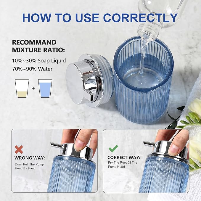 KASUNTING Blue Glass Foaming Soap Dispenser, Ribbed Foam Hand Soap Dispenser for Bathroom, 11 Fl Oz Refillable Foaming Pump Bottle with Black Pump, Modern Dish Soap Foam Dispenser