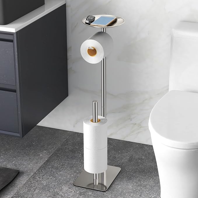 FEILERN Toilet Paper Holder Stand for Bathroom Floor Standing Toilet Roll Dispenser Storages 4 Reserve Rolls, with Top Storage Shelf for Cell Phones, Wipe, Wallet and More(Brush Nickel)