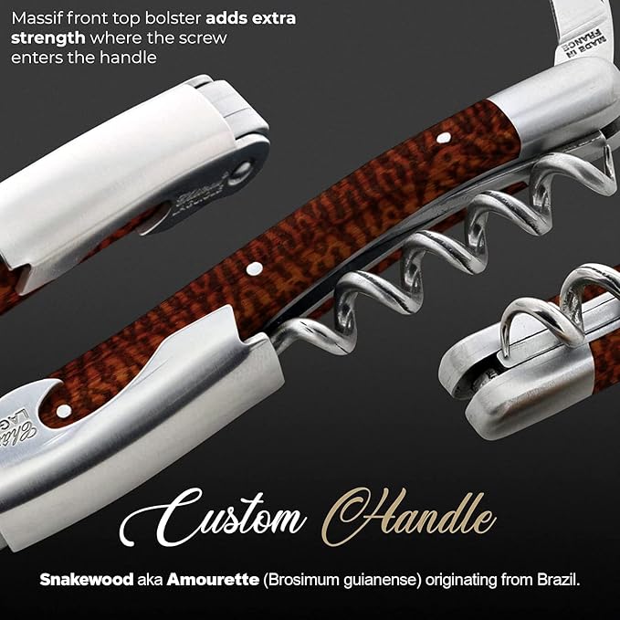 Chateau Laguiole Classic Corkscrew - Snake Wood Luxury Wine Opener - Made in France - Sommelier Wood Handle With Leather Sheath & Gift Box