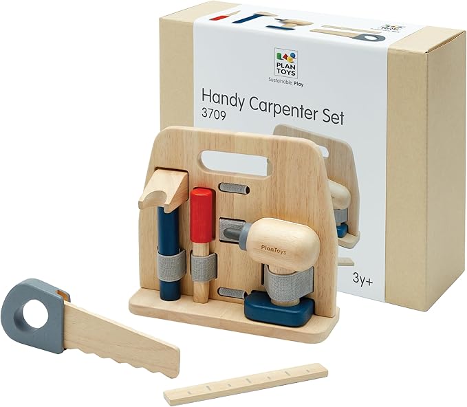 PlanToys® Wooden Handy Carpenter Set Montessori Practical Life Kids Play | hammer, screwdriver, wrench, kids tool set, girls, boys, imaginative fine motor construction learning gift preschool fun