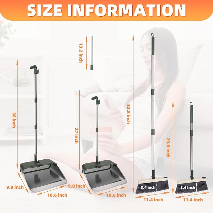 Broom with Dustpan Combo Set, Heavy Duty Standing Metal Dust Pan with Teeth, Indoor Outdoor Up for Home Kitchen Lobby Room Office, Green