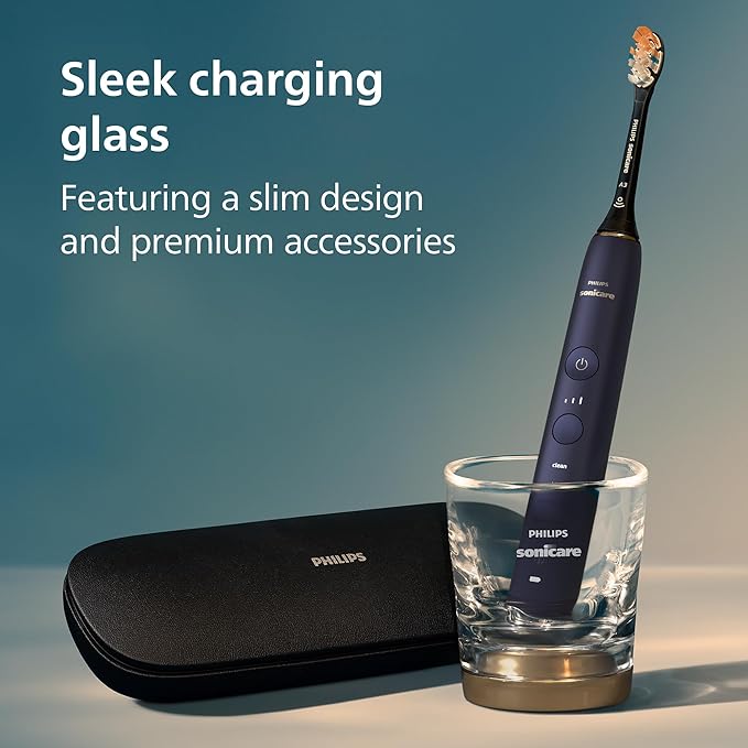Philips Sonicare DiamondClean Smart 9750 Electric Toothbrush - Sonic Toothbrush with App, Pressure Sensor, 15 Brushing Settings, Replacement Reminder, USB Charging Travel Case, Lunar Blue, HX9954/74