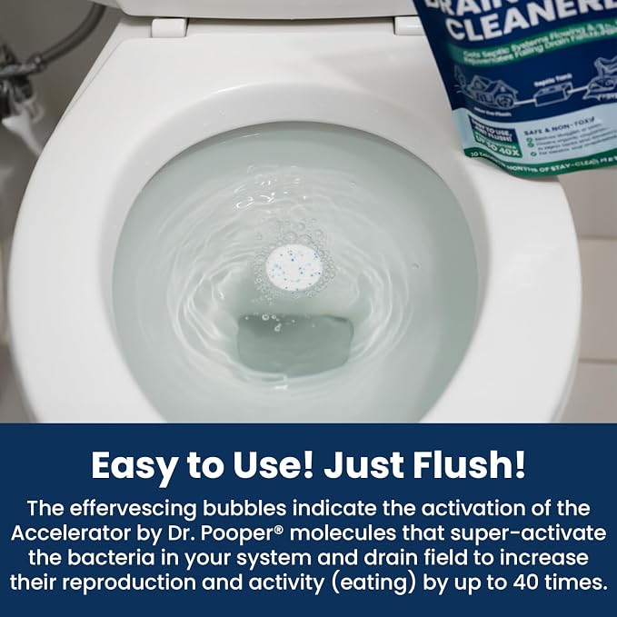 Accelerator by Dr. Pooper Drain Field Cleaner Tablets (20 Count) - Septic Tank Treatment for Clogs, Odor & Sludge - 90% Less Plastic - 10 Month Supply - Aerobic & Anaerobic Systems - Easy Flush