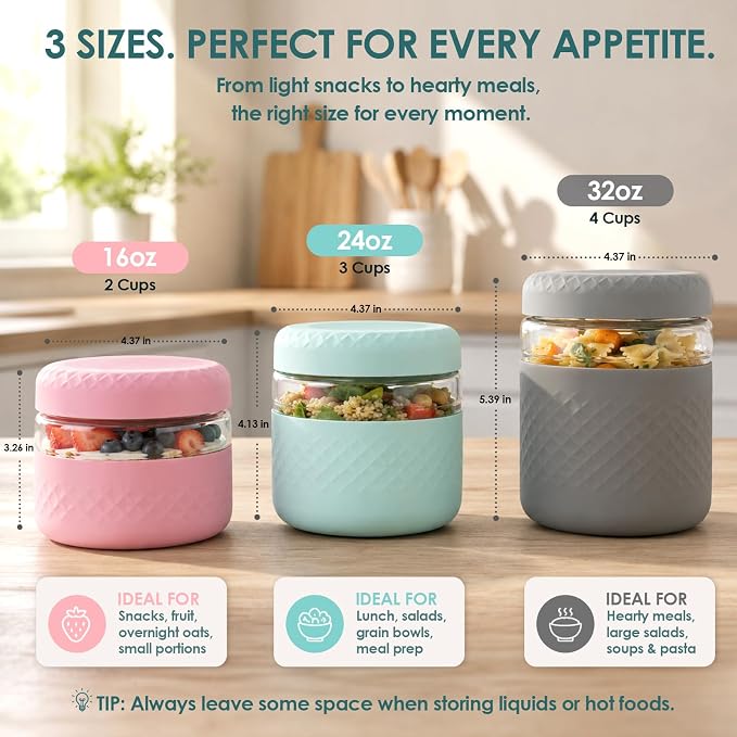 32 oz/4 Cup Glass Lunch Bowl Container with Lid, Leak & Spill Proof | BPA-Free, Microwave & Dishwasher Safe, Airtight Meal Prep & Food Storage Jar for Lunch, Salad, Soup, Oats, Stew, Yogurt