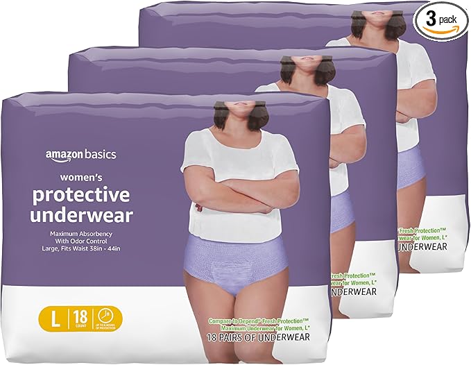 Amazon Basics Incontinence Underwear for Women, Maximum Absorbency, Fresh Protection, Postpartum, Disposable, Odor Protection, Comfortable Fit, Large, Lavender, 54 Count (3 Packs of 18)