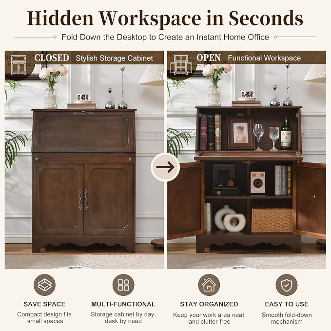 Ahokua Vintage Storage Cabinet with Flip Down Desk, Wood Accent Cabinet with Adjustable Shelf and Hidden Workspace, Entryway Cabinet with Doors for Living Room, Home Office, Walnut