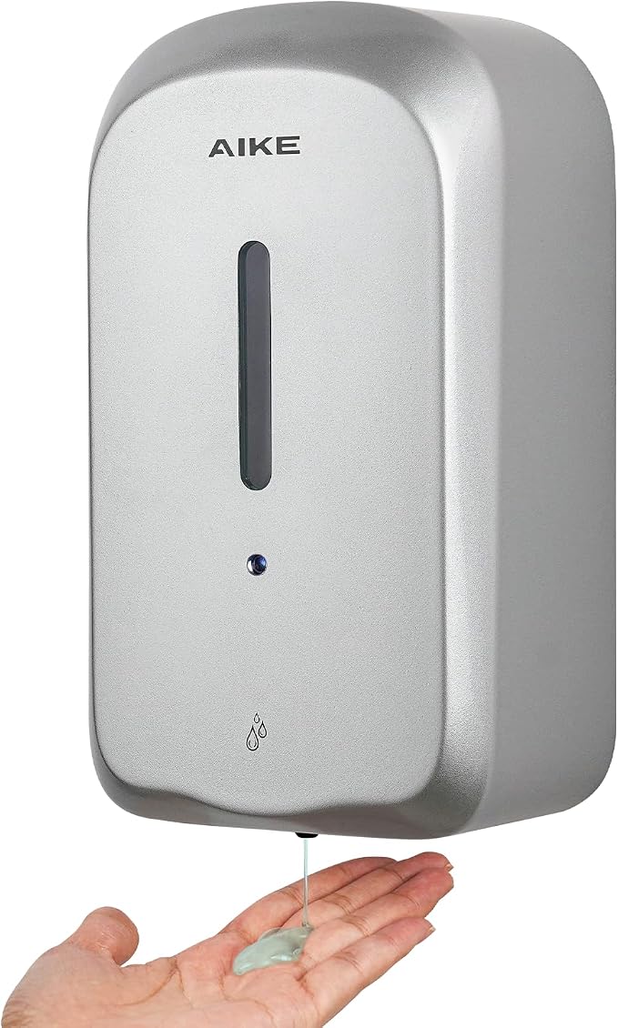 AIKE Liquid Automatic Soap Dispenser,33.8oz Capacity for Bathroom,Silver | 5-Level Adjustable and Savety Key for Commercial(4*AA Batteries Not Included),Screw Wall Mount for Space-Saving,AK1226S