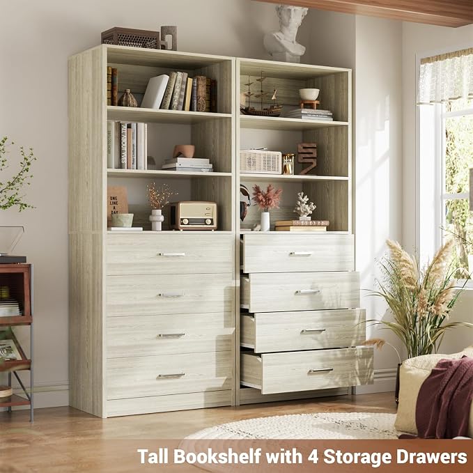 Aheaplus Wood Closet Organizer System with 4 Drawers, Modular Walk-in Closet Storage Unit, Small Closets Wardrobe Rack, Tall Storage Cabinet Unit, White Oak