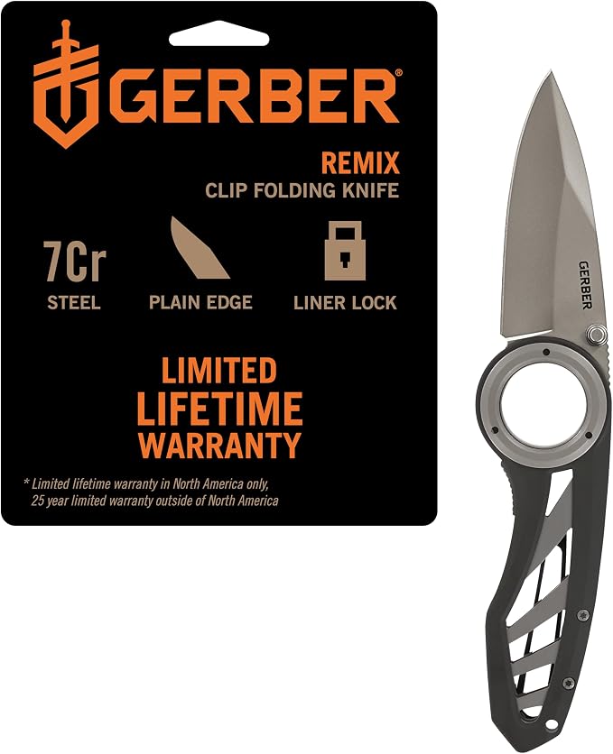 Gerber Remix EDC Folding Pocket Knife, 3" Fine Edge Blade, Survival, Gray | 3-inch fine edge blade, pocket clip for men, lightweight EDC, camping, survival, everyday carry