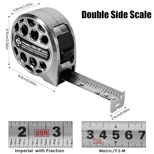 Tape Measure 25Ft/7.5M, Stainless Steel Measuring Tape Double Side Scale with Metric & Fractions,Waterproof Retractable Measurement Tape for Construction Household Woodworking (1)