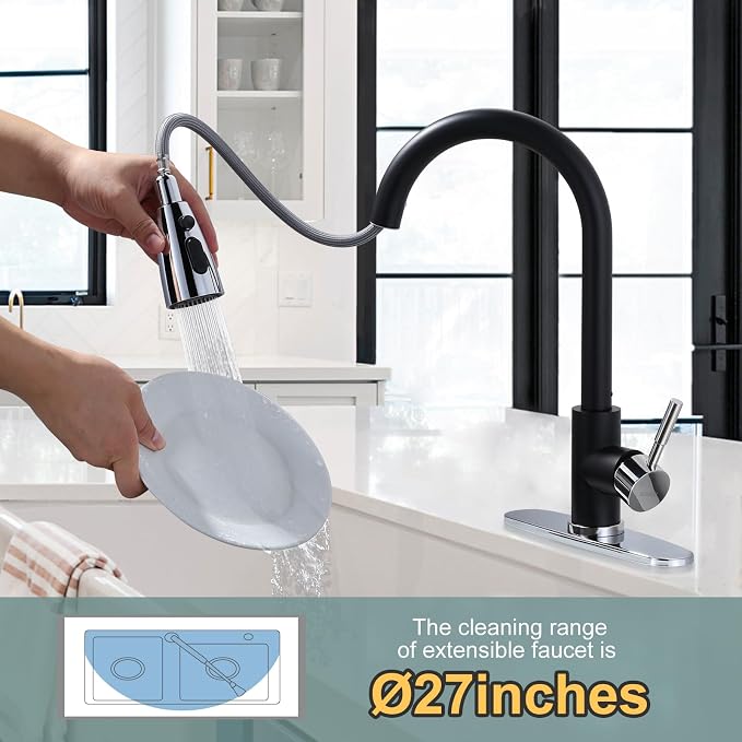 Black and Chrome Kitchen Faucet with Sprayer, WOWOW Stainless Steel Kitchen Sink Faucet High Arc Utility Sink Faucet 1 or 3 Hole, Kitchen Tap for RV, Laundry, Bar