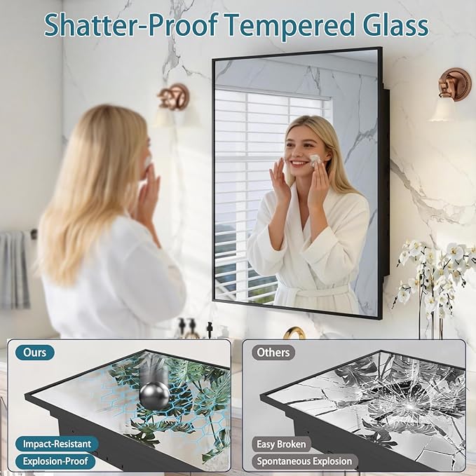 Brushed Sliver Metal Medicine Cabinet Right-Angled Rectangle-Design,Bathroom Mirror with Storage, Recessed or Surface Mounted, 2 Adjustable Metal Shelves (Brushed Black, 24x32)
