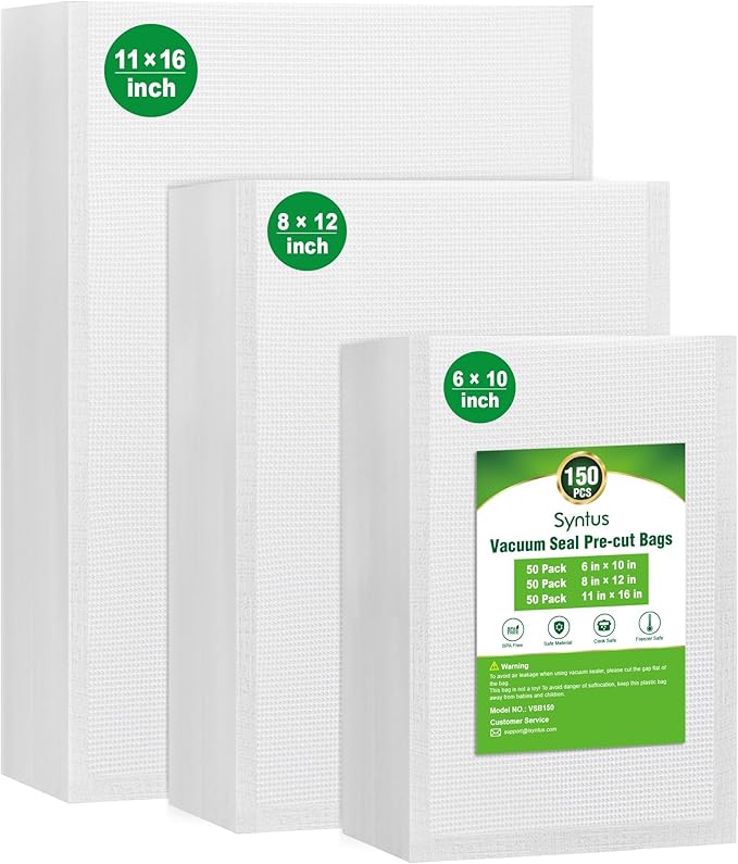 Syntus 150 Pcs Vacuum Sealer Bags for Food, 8x12+11x16+6x10, BPA Free | Precut Bags, 50 Quart + 50 Gallon + 50 Pint, Sous Vide Microwave Freezer Safe, Food Vacuum Storage, For All Vacuum Sealers