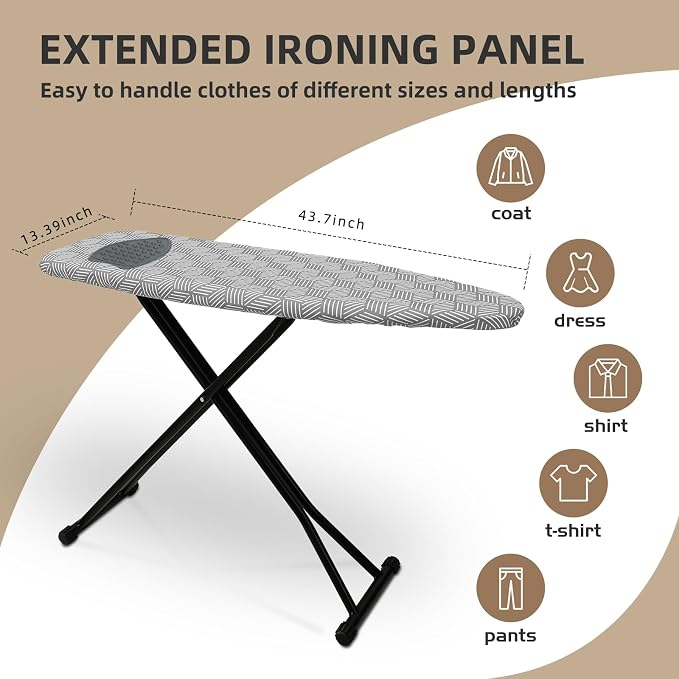 Ironing Board Adjustable Height Folding Ironing Board with Iron Pad, Heat-Resistant Cover, Thick Steel Tube Compact Iron Board (Grey)