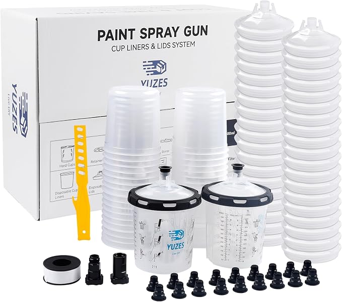 YUZES Disposable Paint Cups for Spray Gun, 20 oz 40-Pack 125-Micron Kit | 40 Paint Cup Liners & 125-Micron Lids, 2 Hard Cups & 2 Adapters for HVLP/LVLP Spray Gun 360° Spray & Less Cleanup