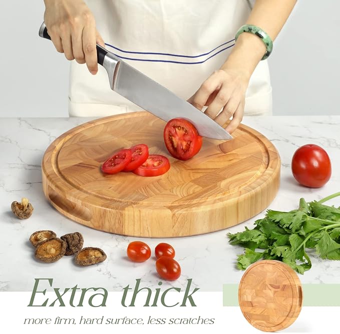 End Grain Cutting Board, Extra Large & Thick, End Grain Built-In Compartment and Juice Canal, Heavy Duty Chopping Board, Thick Carving Board for Bread Fruits Meat (13x13 Inches)