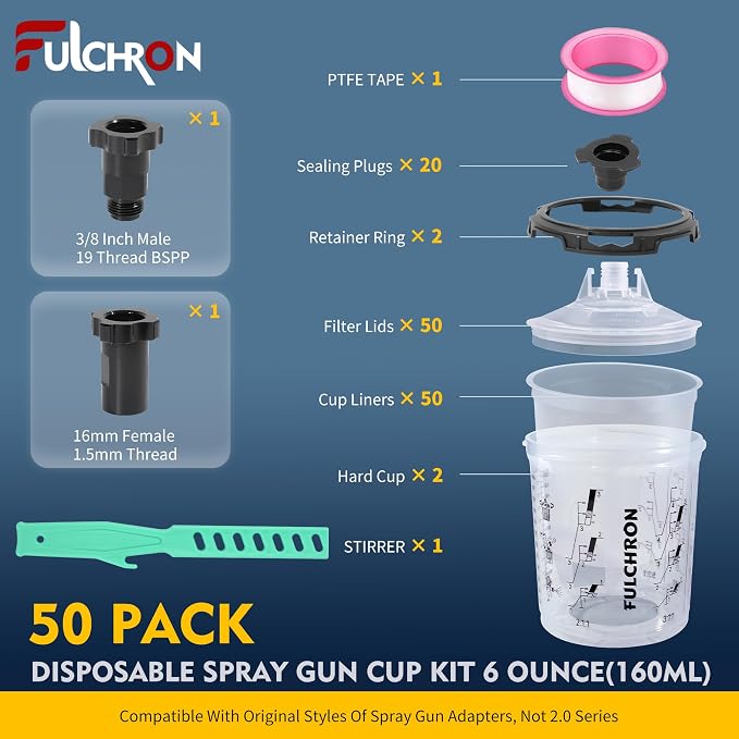 Disposable Paint Cups For Spray Gun, 20oz 125-Micron Mixing Cup With Lids | Fulchron 50PCS Paint Cup Liners with Lids, 2 Hard Cups & Adapters, Ideal for HVLP/LVLP Spray Gun 360° Spray & Less Cleanup