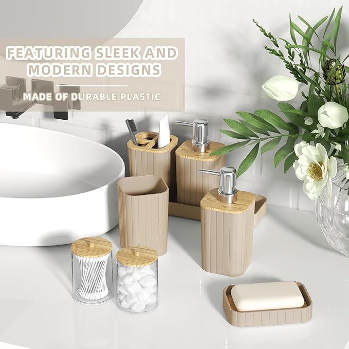XLHOMO Bathroom Set- 25PC Beige Bathroom Set, Bathroom Set with Shower Curtain and Rugs, Beige Shower Curtain Set, Toilet Brush, Bathroom Trash Can