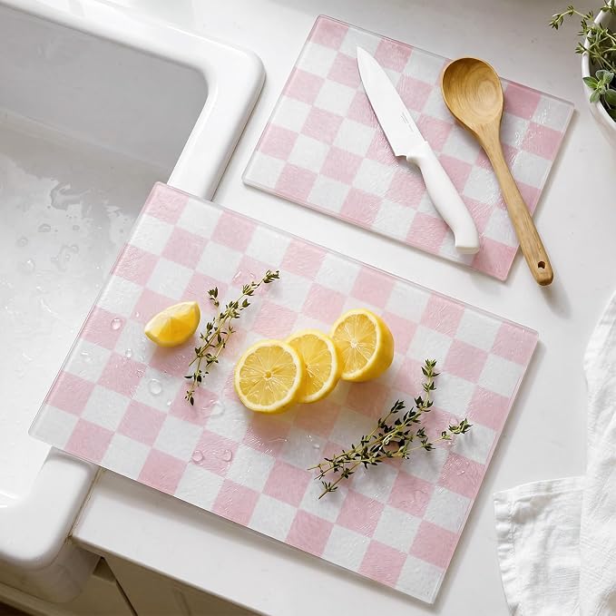 Thenshop Set of 2 Tempered Glass Cutting Boards Pink Check Countertop Cutting Boards Heat Resistant with Non-slip Feet for Kitchen Counter Housewarming Wedding Gift 7.9x11inch+11x15 Inch
