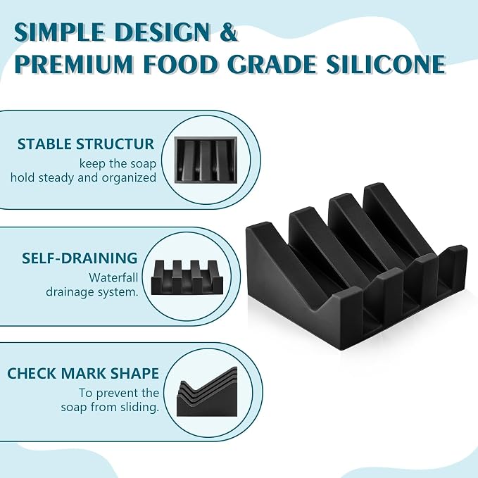 Self Draining Soap Dish Holder,Silicone Soap Dish,for Bathroom,Kitchen, Sponges，Can Extend Soap Life，Keep Soap Bars Dry and Easy Cleaning (N-Black,4-Pack)