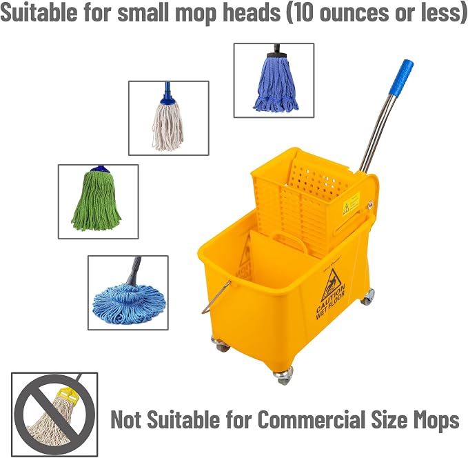 Mind Reader Mop Bucket with Wringer (Mop Not Included), 5.5 Gallon Cleaning Bucket with Wheels and Handle, Upward Press Wringer, Small Mop Compatible, Yellow