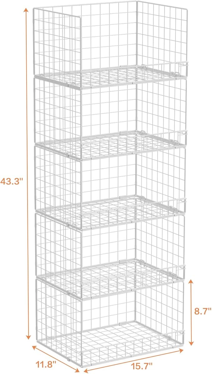Yociyoga 5-Tier Stackable Closet Organizers and Storage Basket - Foldable Closet Shelf Organizer System, Space-Saving Clothes Storage Bins Drawer Organizer for Wardrobe, White (Patent 30022416)