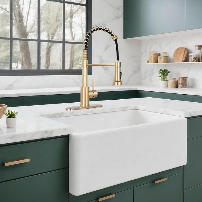 Kitchen Faucet with Pull Down Sprayer, Brushed Gold | 2-mode sprayer, 360° high arc spout, 304 SS build, drip-free valve, fingerprint-resistant, DIY install, NSF certified