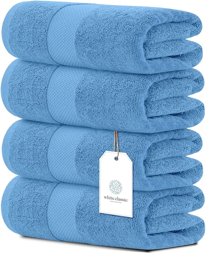 White Classic Luxury Bath Towels Set of 4 Large - 700 GSM Cotton Ultra Soft Bath Towels 27x54 | Highly Absorbent and Quick Dry | Hotel Towels for Bathroom Luxury, Plush Shower Towels, Light Blue