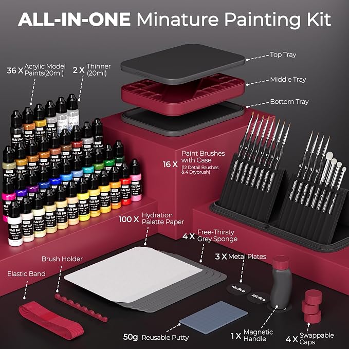 Nicpro All-in-One Miniature Painting Kit, Including 36 Colors Model Paint, Wet Palette, 16PCS Detail Paint Brushes Drybrush with Bag, Magnetic Painting Handle, Sponges, Pallet Paper, Brush Holder