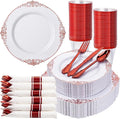 Nervure 350PCS Red Plastic Plates - White Red Plastic Dinnerware Set for 50 Guests - 100 Red Disposable Plates, 50 Pre Rolled Cutlery Set, 50 Cups Perfect for Wedding & Party